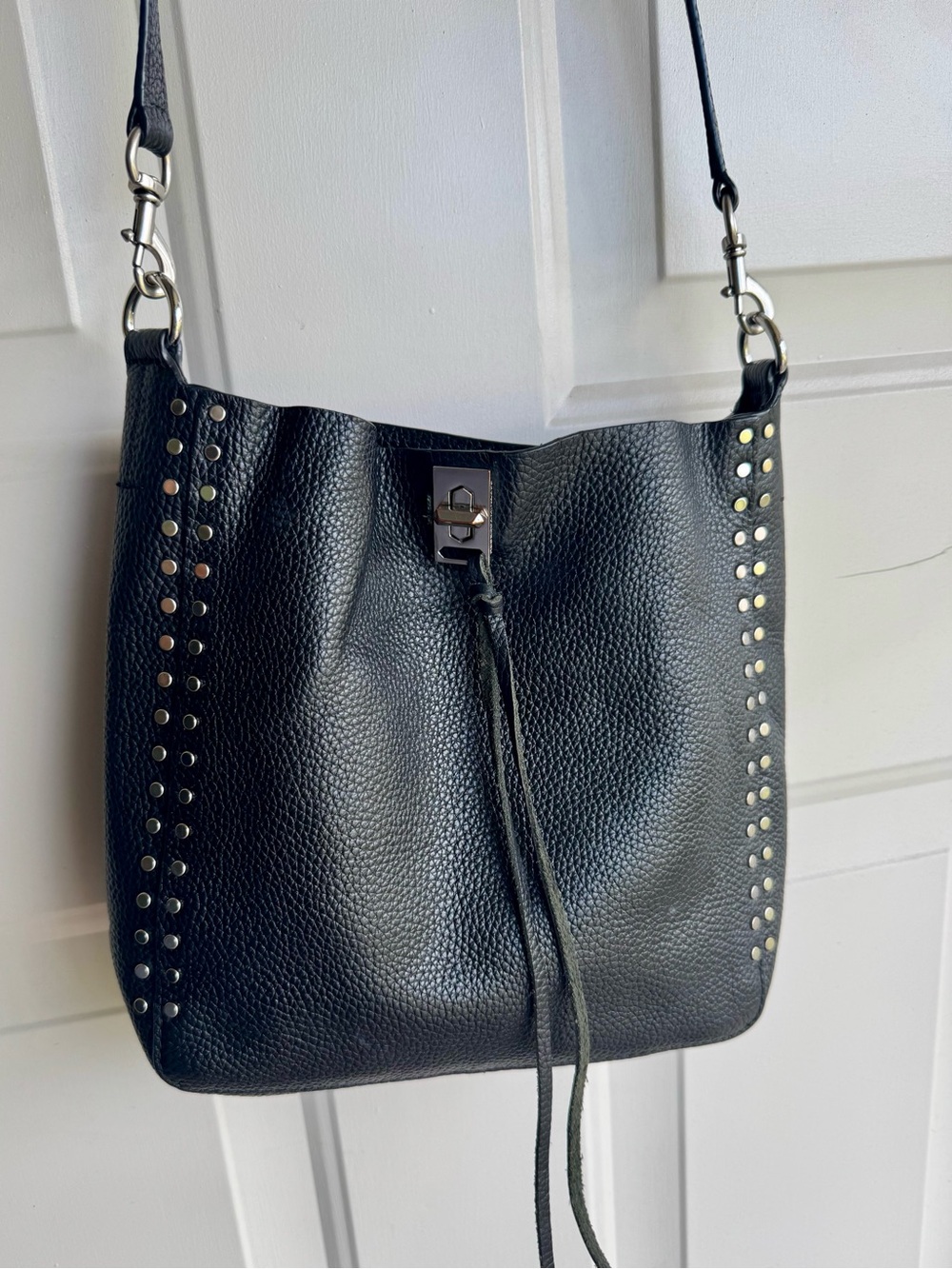 Rebecca Minkoff Black Pebbled Leather Shoulder Bag with Metal Stud Accents
